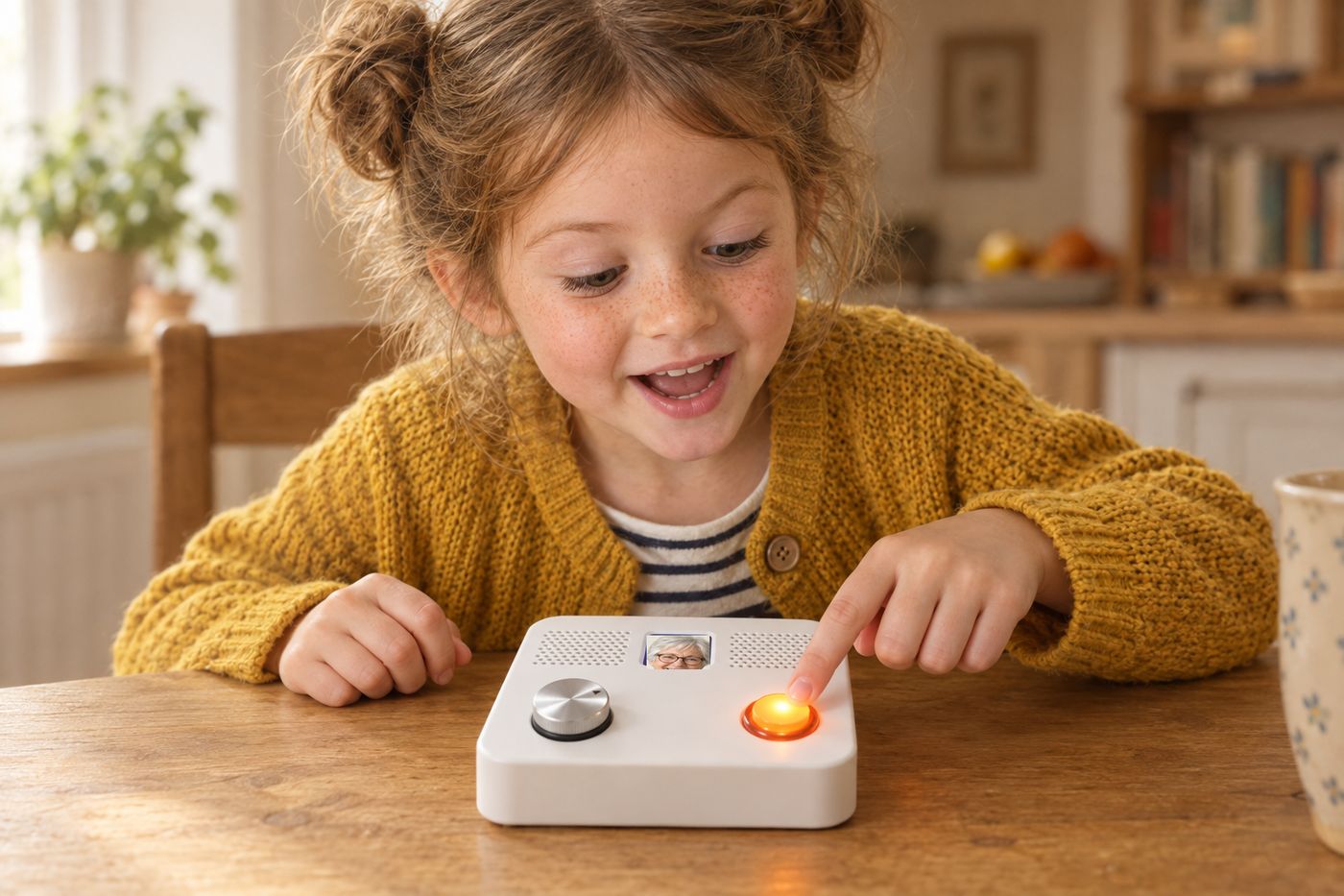 A girl holds the glowing orange button on Pomma and talks to her grandmother
