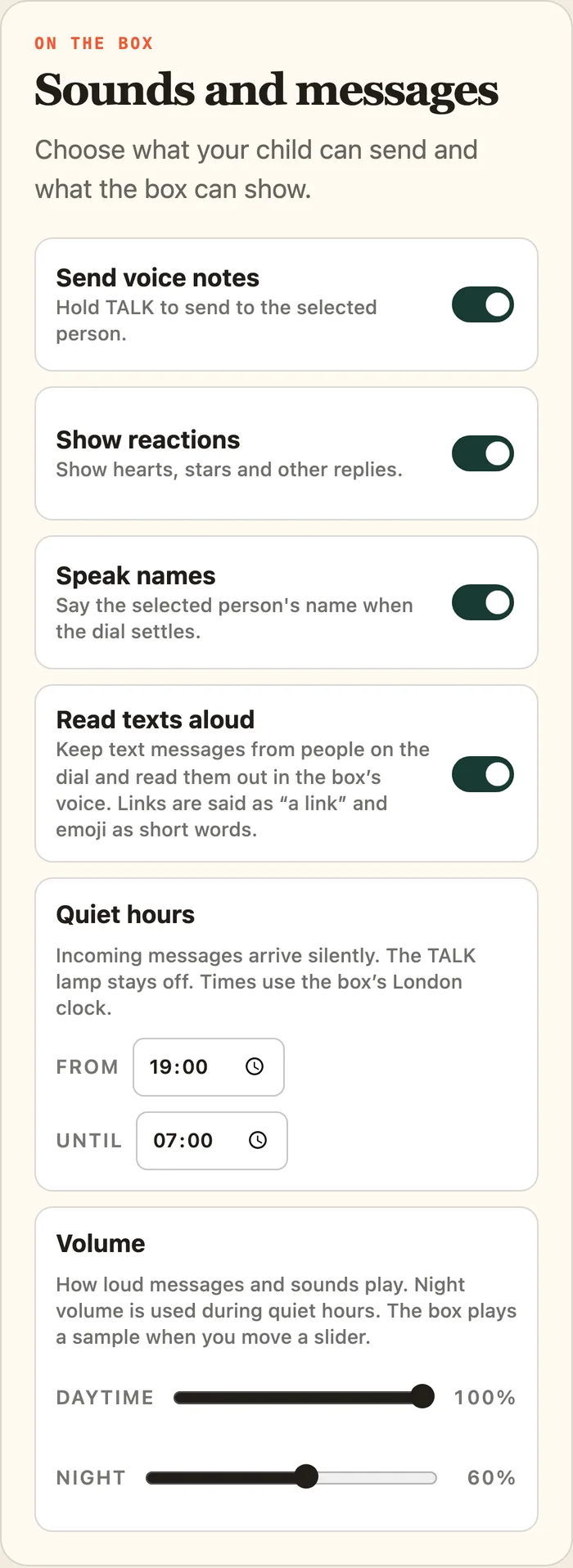 The parent page’s settings: voice notes, reactions, spoken names, texts read aloud, quiet hours and volume
