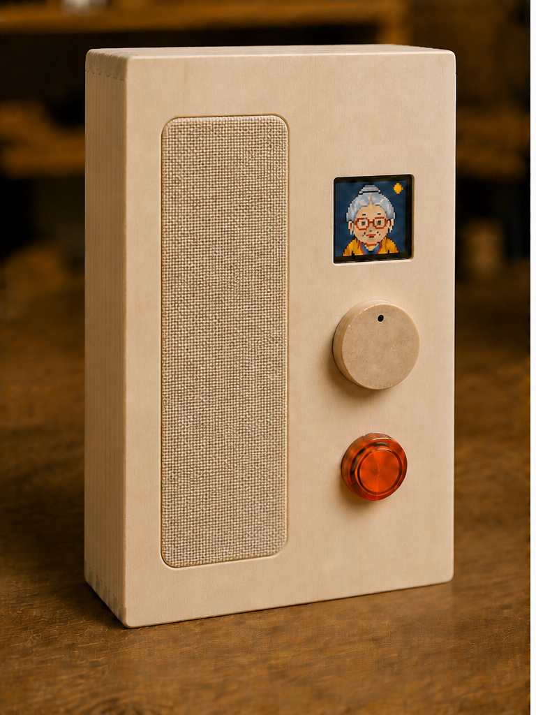 WhatBox: a slim pale wooden voice messenger with a cloth speaker grille, pixel display, wooden dial and orange talk button